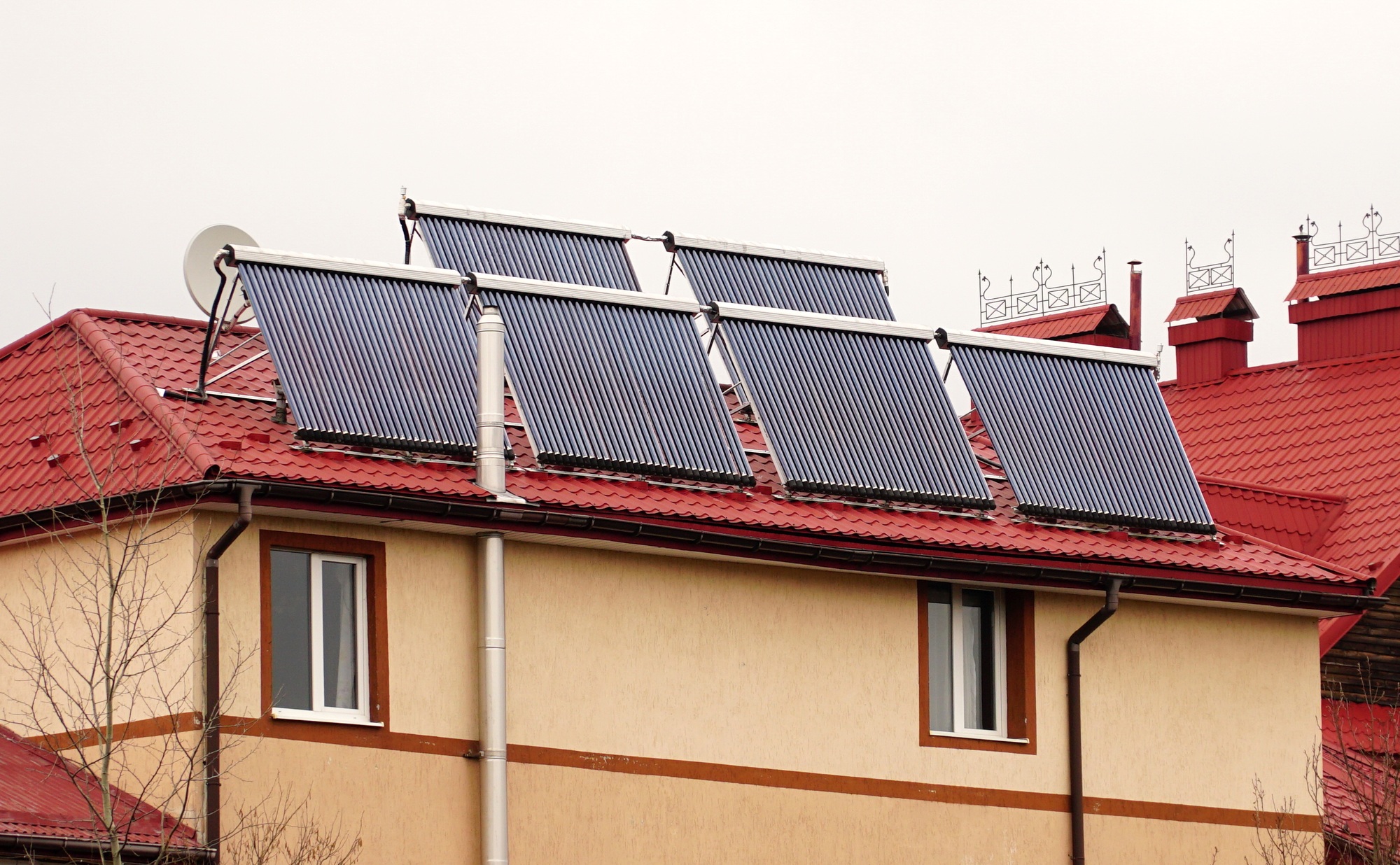 water heating batteries. Evacuated tube solar collector, low angle detail